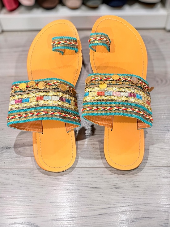 Shoes - Embellished Orange Slide Sandals with Multicolor Trim